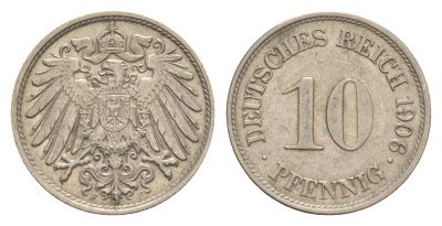 Германия 10 пфеннигов 1906 F, Вильгельм II (1888-1918) KM 12, J. 13 медно-никель 4640-265