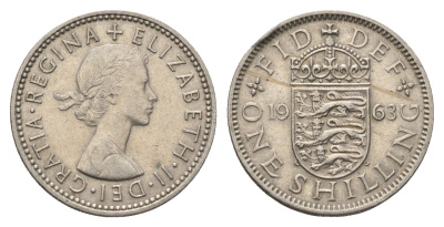 Великобритания 1 шиллинг 1963 Елизавета II (1952-2022), Английский герб KM 904, Spink 4147 медно-никель 4695-755
