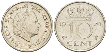 Нидерланды 10 центов 1970 Юлиана (1948-1980) KM 182 никель 214-1245