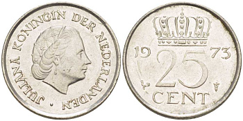 НИДЕРЛАНДЫ 25 ЦЕНТОВ 1973 ЮЛИАНА (1948-1980) KM 183 никель 214-966