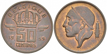 БЕЛЬГИЯ 50 САНТИМОВ 1959 BELGIQUE KM 148.1 бронза 3996-1246