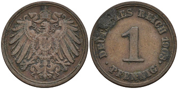 Германия 1 пфенниг 1908 E KM 10, J. 10 медь 4567-1267