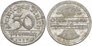 ГЕРМАНИЯ 50 ПФЕННИГОВ 1922 D KM 27, J. 301, Weege 10 алюминий 110-255