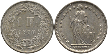 Швейцария 1 франк 1970 KM 24a.1 медно-никель 4541-235