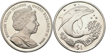 Британские Виргинские острова 1 доллар 2004 дельфин, Елизавета II (1952-2022) KM 286 медно-никель BU 1085-8-23