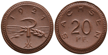 Саксония 20 пфеннигов 1921 колосья и серп J. N 53 фарфор UNC 1094-9-51