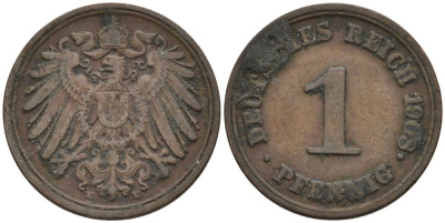 Германия 1 пфенниг 1908 E KM 10, J. 10 медь 4567-1267