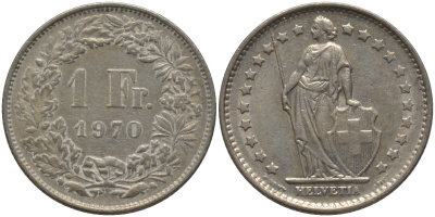 Швейцария 1 франк 1970 KM 24a.1 медно-никель 4541-235