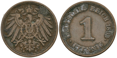 Германия 1 пфенниг 1893 E, Вильгельм II (1888-1918) KM 10, J. 10 медь 1524-533