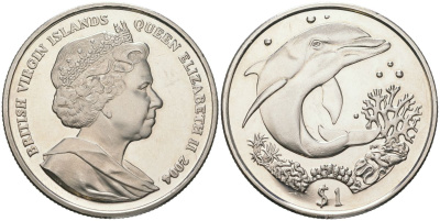 Британские Виргинские острова 1 доллар 2004 дельфин, Елизавета II (1952-2022) KM 286 медно-никель BU 1085-8-23