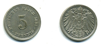 ГЕРМАНИЯ 5 ПФЕННИГОВ 1894 D, KM 11, J. 12 медно-никель 54-367