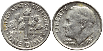 США 10 ЦЕНТОВ = 1 ДАЙМ 1991 Р, РУЗВЕЛЬТ KM 195а медь плакированная медно-никелем 4396-443