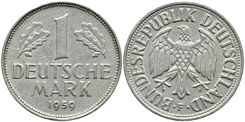 ФРГ 1 марка 1959 F КМ 110 J.385 медно-никель 85-326