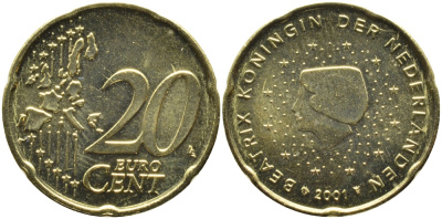 Нидерланды 20 евроцентов 2001 Беатрикс (1980-2013) KM 238 латунь UNC 4391-322