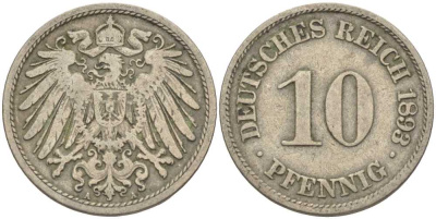 ГЕРМАНИЯ 10 ПФЕННИГОВ 1893 A KM 12, J. 13 медно-никель 4401-944