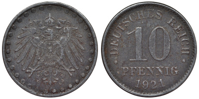 Германия 10 пфеннигов 1921 A KM 20, J. 298 железо 4119-217