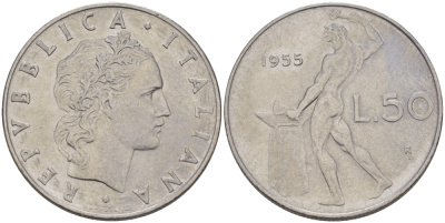ИТАЛИЯ 50 ЛИР 1955 R, БОГ ОГНЯ ВУЛКАН У НАКОВАЛЬНИ KM 95.1 нержавеющая сталь 67-646