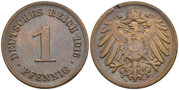 ГЕРМАНИЯ 1 ПФЕННИГ 1916 D KM 10, Jager. 10, Weege 2 медь 4528-759