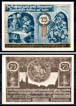 Бюргель (Тюрингия) 75 пфеннигов 1921 Mehl Grabowski 201.1a-5/6 бумага UNC (пресс) 7555-43-2-2