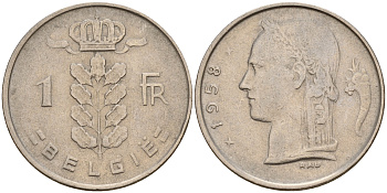 Бельгия 1 франк 1958 Belgie, Бодуэн I (1951-1993) KM 143.1 медно-никель    4187-132