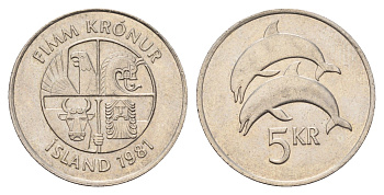 Исландия 5 крон 1981 дельфины KM 28 медно-никель 4591-542