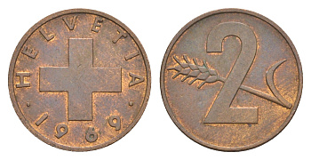 Швейцария 2 раппена 1969 KM 47 бронза 4630-854
