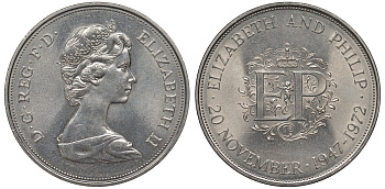 Великобритания 25 пенсов 1972 25 лет со дня свадьбы Елизавтеы II И Филлипа (1947-1972, серебряная свадьба), Елизавета II (1952-2022) KM 917, Spink 4226 медно-никель UNC 00-00