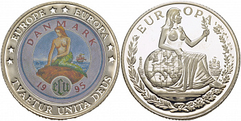 Дания 1 экю 1995 русалка, цветная эмаль, сертификат, тираж 100 экземпляров, вес 48 гр. серебро PROOF 11-163-31