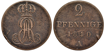 Ганновер 2 пфеннига 1840 A, Эрнст Август (1837-1851) KM 174.1, AKS 122, J. 55 медь 75-1715