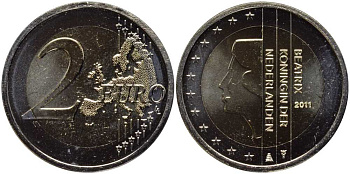 НИДЕРЛАНДЫ 2 ЕВРО 2011 КОРОЛЕВА БЕАТРИКС KM 272 биметалл BUNC 114-941