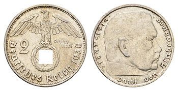 Германия 2 рейхсмарки 1938 B, Пауль фон Гинденбург (1847-1934) KM 93, J. 366 серебро 76-1235