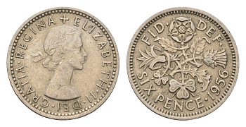 Великобритания 6 пенсов 1956 Елизавета II (1952-2022) KM 903, Spink 4149 медно-никель 4532-467