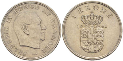 Дания 1 крона 1961 C; S, Фредерик IX (1947-1972) KM 851 медно-никель 202-756