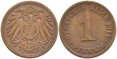 Германия 1 пфенниг 1911 A KM 10, J. 10, Weege 2 медь 211-442