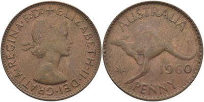 АВСТРАЛИЯ 1 ПЕННИ 1960 m, ЕЛИЗАВЕТА II, КЕНГУРУ KM 56 бронза 97-913