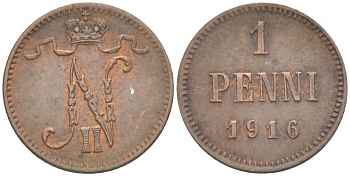 РОССИЯ ДЛЯ ФИНЛЯНДИИ 1 ПЕННИ 1916 НИКОЛАЙ II (1895-1917) KM 13, Биткин 476 медь 211-1041