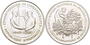 РУАНДА 10 ФРАНКОВ 1972 FAO, 10 ЛЕТ НЕЗАВИСИМОСТИ, ПРОБА 800, ВЕС 18 ГР., ТИРАЖ 30000 ЭКЗ. KM 11 серебро UNC 1085-6-41