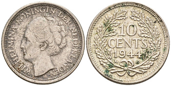Нидерланды 10 центов 1944 Вильгельмина I (1890-1948) KM 163 серебро 4576-811