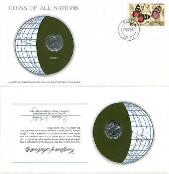 ЗАМБИЯ 5 НГВЕЕ 1972 КОНВЕРТ С МАРКОЙ ПЕРВОГО ДНЯ ГАШЕНИЯ, COINS OF NATIONS KM 11 медно-никель UNC 4294-74-2