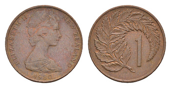 Новая Зеландия 1 цент 1980 Елизавета II (1952-2022), лист папоротника KM 31.1 бронза 4655-1136