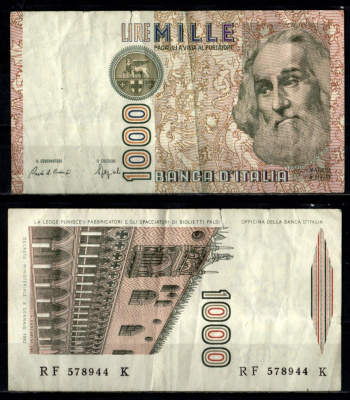 Италия 1000 лир 1990 Pick 114 a бумага 7221-61-3-2