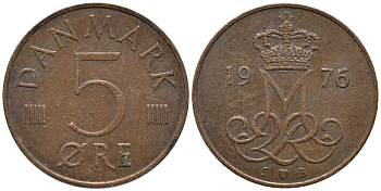 Дания 5 эре 1976 S; B, Маргрете II (1972- ) KM 859.1 железо плакированное медью 116-149