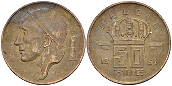 Бельгия 50 сантимов 1954 Belgie, Бодуэн I (1951-1993) KM 149.1 бронза 4528-964