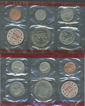 США набор из 5 монет (1, 5, 10 (дайм), 25 (квотер, 1/4 доллара) и 50 (1/2 доллара) центов) и отметки монетного двора 1971 D, в оригинальной упаковке, в запайке KM MS131 (164a, A192, 195a, 201 и 202b) UNC 8-2-06-11