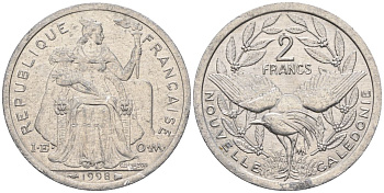 Французская Новая Каледония 2 франка 1998 птица кагу, (IEOM) KM 14, Schoen 11, Lec 68c алюминий    25-423