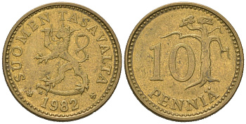 Финляндия 10 пенни 1982 K KM 46 алюминиевая бронза UNC 99-1026