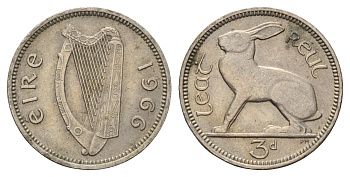Ирландия 3 пенса 1966 заяц KM 12a медно-никель 4682-546