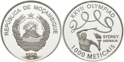 Мозамбик 1000 метикалей 1998 XXVII олимпийские игры в Сиднее, тираж 10000 экз. KM 128 серебро PROOF 1078-5-63