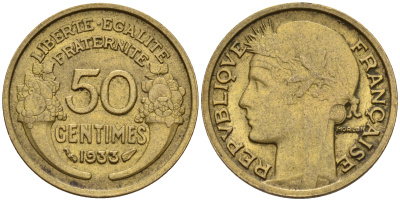 Франция 50 сантимов 1933 KM 894.1, Le Franc 192.15 алюминиевая бронза 4596-765