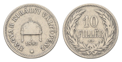 Венгрия 10 филлеров 1893 KB, Франц Иосиф I (1848-1916) KM 482 никель 4664-947